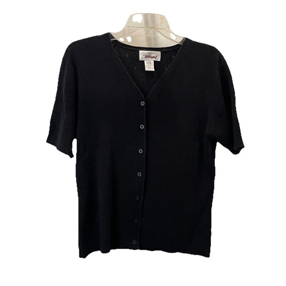 Vintage Worthington Eyelet Black Button Up Short Sleeve Knit Top Womens Size L - Picture 1 of 9